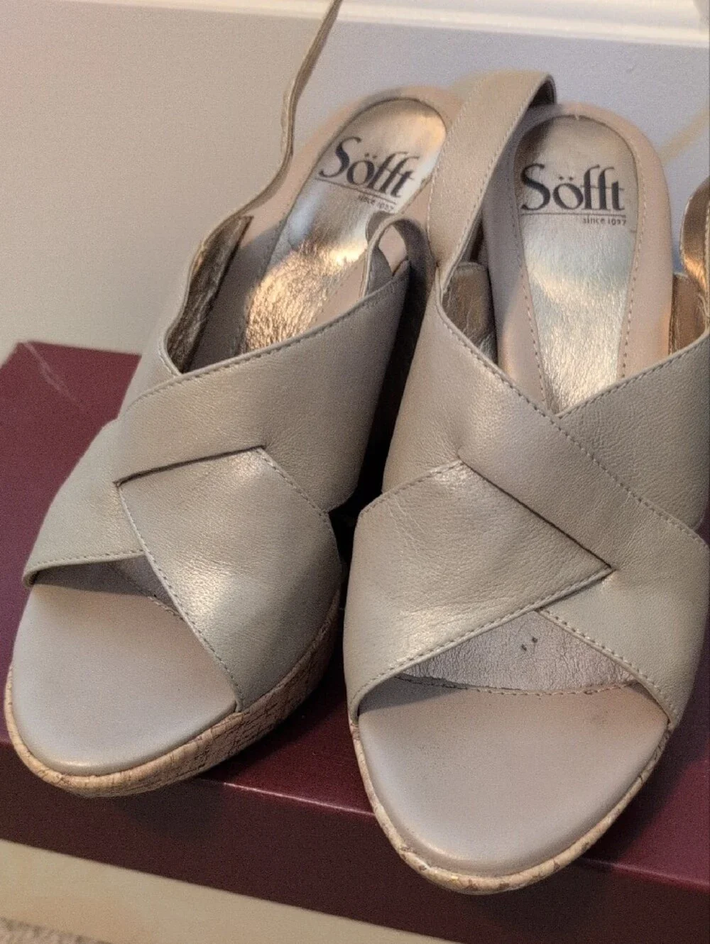 Sofft Taupe Leather Cork Wedge Sandals
